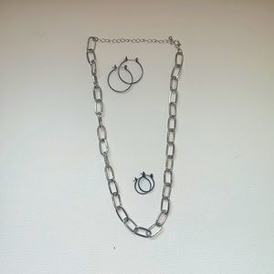 Silver necklace w complementary black hoops